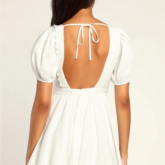 Lulus // Strolling Seville White Textured Backless Puff Sleeve Mini Dress - Picture 2 of 4